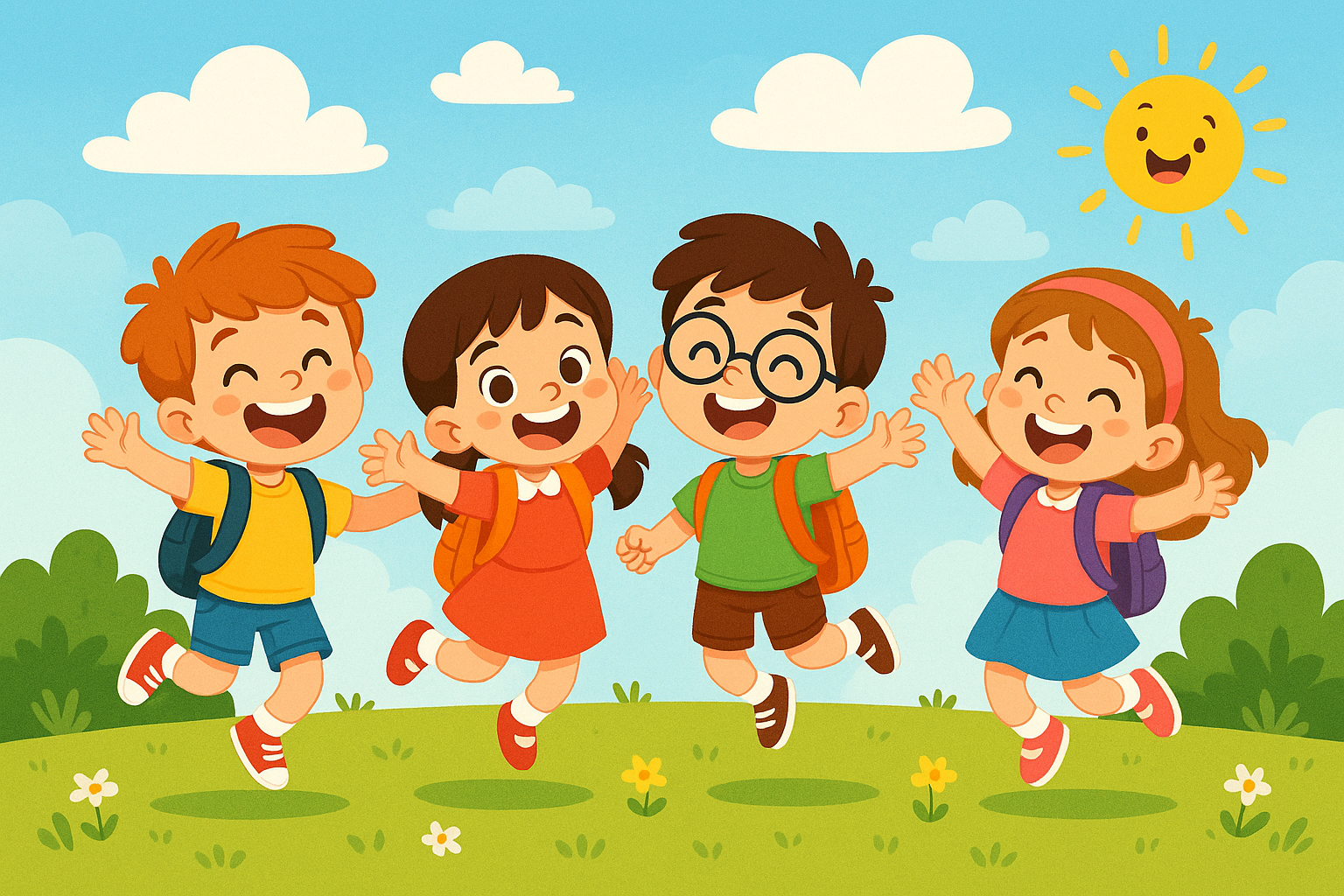 Cartoon illustration of four happy kids playing together outdoors on a sunny day. Two boys and two girls, smiling and jumping with joy, wearing colorful clothes and school backpacks. The background is cheerful with green grass, bushes, small flowers, blue sky, fluffy clouds, and a bright sun. The style should be vibrant, cute, playful, and child-friendly, with exaggerated happy expressions, big eyes, and lively colors, perfect for children’s books or educational material.